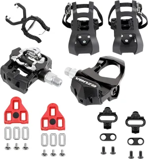 Venzo Sealed Fitness Exercise Indoor Bike Bicycle Pedals & Cleats - Compatible with Peloton, Look Delta & Shimano SPD - with Toe Cages Pedals Set or Cage Removal Tool for Indoor Fitness Exercise