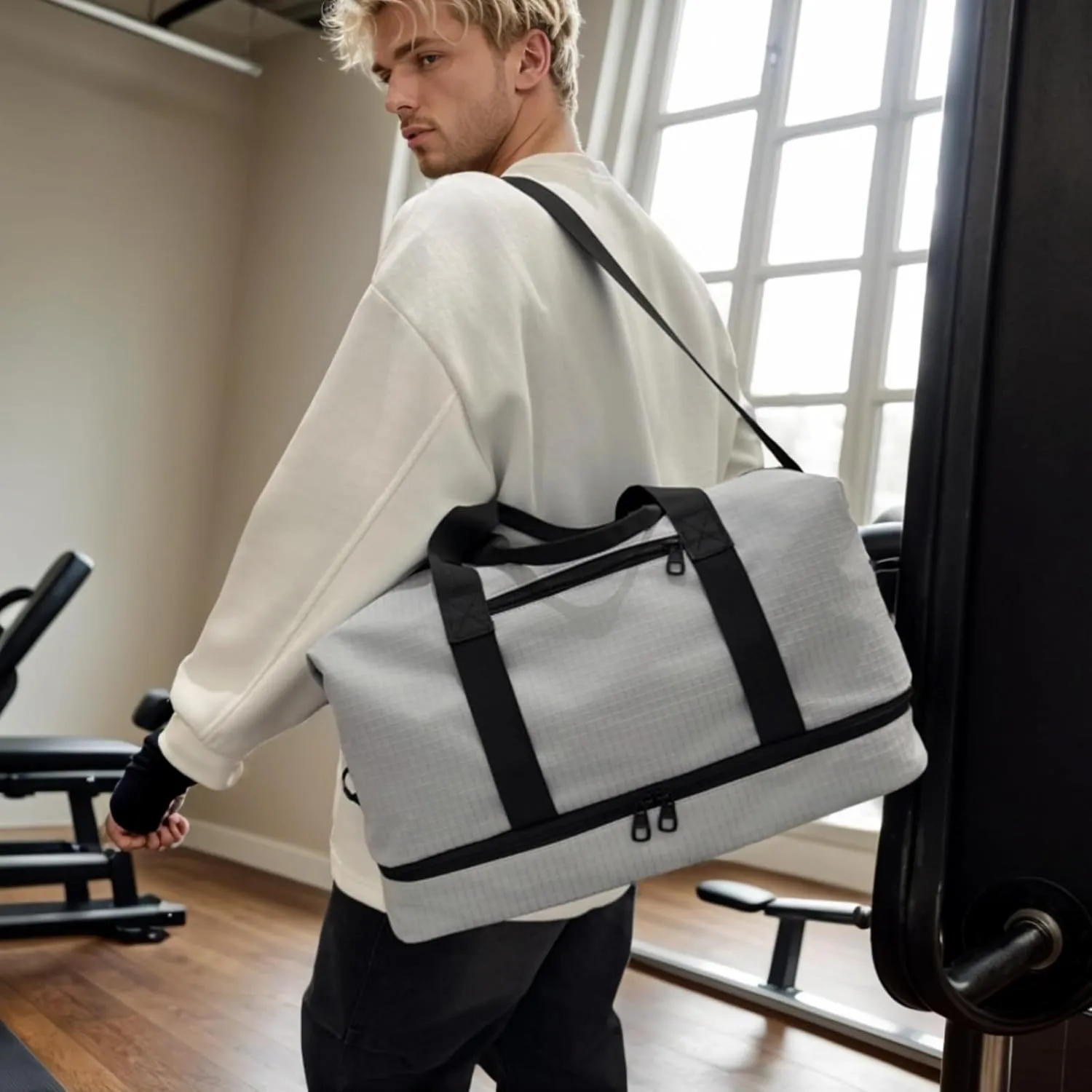 Versatile Sports Bag for Women Men - Multipurpose Gym and Travel Duffel with Wet Dry Compartment, Independent Shoe Storage, and Detachable Shoulder Strap (Grey)