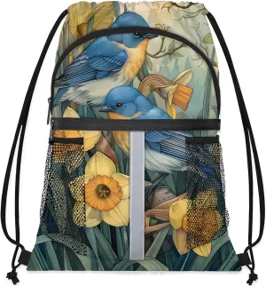 Vintage Floral Bird Drawstring Backpack String Bag, Waterproof Sports Gym Swim Sackpack with Mesh Pocket for Men Women