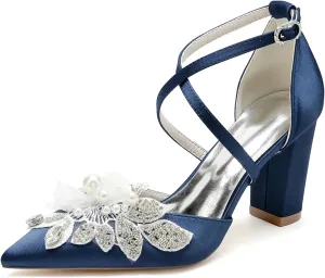 Wedding Shoes for Bride Rhinestones Women's Pointed Toe Block Heels Wedding Shoes Cross Strap Closed Toes Pumps Sandal