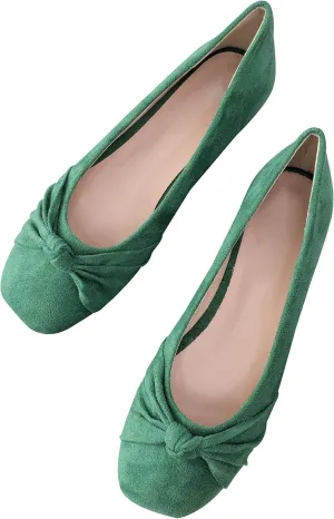 WENJIAZHIZHI Pleated Bowknot Ballet Flats Shoes for Women Suede Dressy Shoes Comfortable Square Toe Slip On Walking Loafers Flats