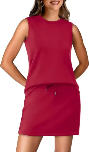 WIHOLL Two Piece Skirt Sets for Women Summer Vacation Outfits Tennis Skirt Crew Neck Top Versatile Lounge Sets