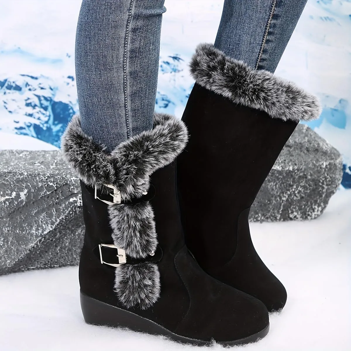 Winter Fuzzy Snow Boots For Women，Fluffy Plush Fur Fashion Ladies Casual Thermal Suede Round Toe Non Slip Wedge Platform Mid Calf Boots Furry Metal Bucle Warm Dress Ankle Booties For Camping