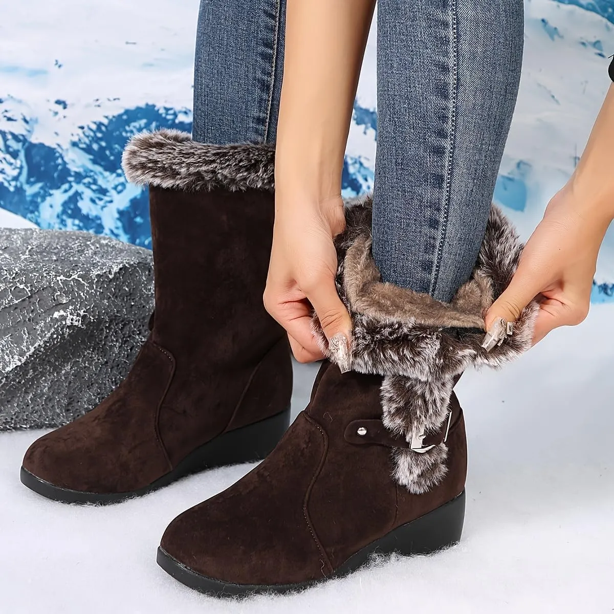 Winter Fuzzy Snow Boots For Women，Fluffy Plush Fur Fashion Ladies Casual Thermal Suede Round Toe Non Slip Wedge Platform Mid Calf Boots Furry Metal Bucle Warm Dress Ankle Booties For Camping