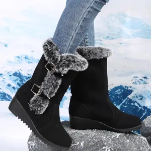 Winter Fuzzy Snow Boots For Women，Fluffy Plush Fur Fashion Ladies Casual Thermal Suede Round Toe Non Slip Wedge Platform Mid Calf Boots Furry Metal Bucle Warm Dress Ankle Booties For Camping
