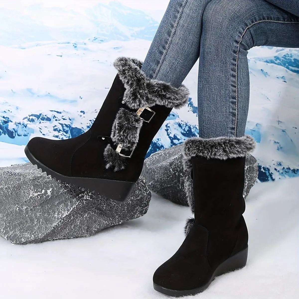 Winter Fuzzy Snow Boots For Women，Fluffy Plush Fur Fashion Ladies Casual Thermal Suede Round Toe Non Slip Wedge Platform Mid Calf Boots Furry Metal Bucle Warm Dress Ankle Booties For Camping
