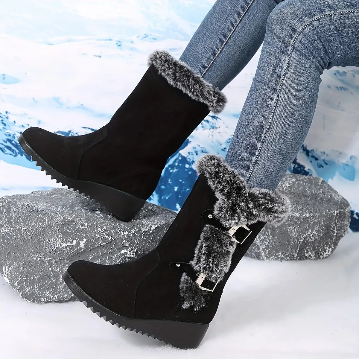 Winter Fuzzy Snow Boots For Women，Fluffy Plush Fur Fashion Ladies Casual Thermal Suede Round Toe Non Slip Wedge Platform Mid Calf Boots Furry Metal Bucle Warm Dress Ankle Booties For Camping