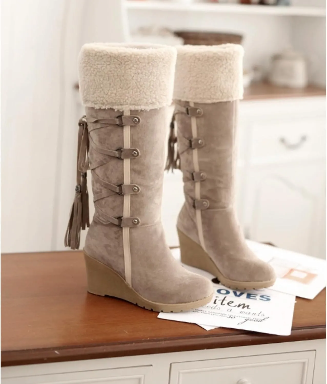 Winter Snow Boots for Women, Waterproof Fuzzy Collar Wedge The Knee Thigh Boots, Thermal Outdoor Casual Non Slip Boots
