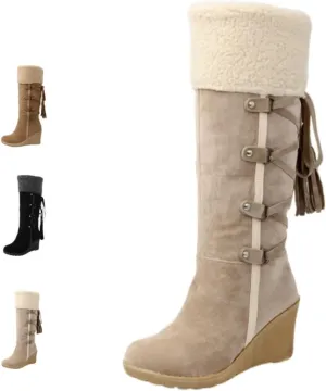 Winter Snow Boots for Women, Waterproof Fuzzy Collar Wedge The Knee Thigh Boots, Thermal Outdoor Casual Non Slip Boots