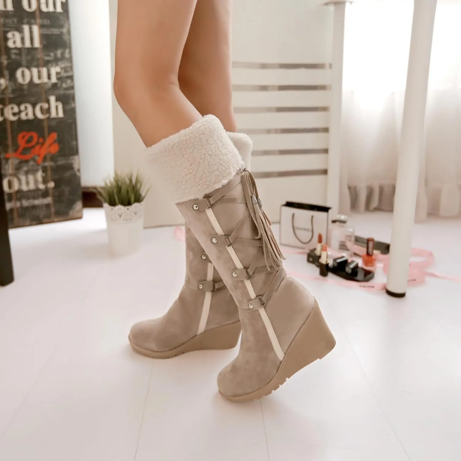 Winter Snow Boots for Women, Waterproof Fuzzy Collar Wedge The Knee Thigh Boots, Thermal Outdoor Casual Non Slip Boots