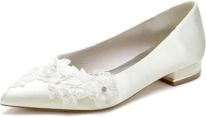 Women Classic Pointed Toe Ballet Wedding Flat Shoes Satin with Embroidery Lace Flower Low Heel Dress Shoes