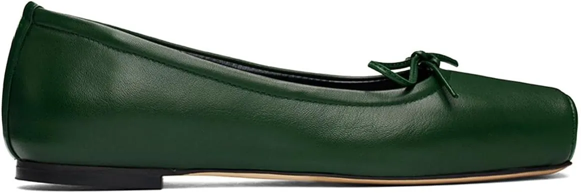 Women Vintage Square Toe Ballet Flats Bow Slip On Satin Flats Comfortable Matte Leather Metallic Flats Office Ladies Work Flat Heel Dress Shoes Club Driving Flat Shoes Spring 4-11 M US