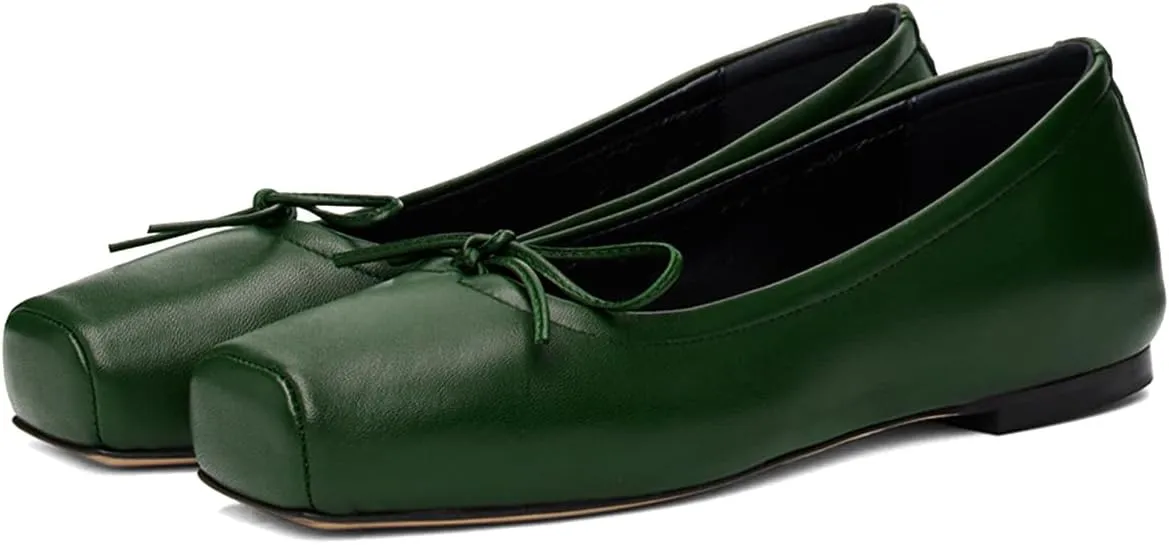 Women Vintage Square Toe Ballet Flats Bow Slip On Satin Flats Comfortable Matte Leather Metallic Flats Office Ladies Work Flat Heel Dress Shoes Club Driving Flat Shoes Spring 4-11 M US