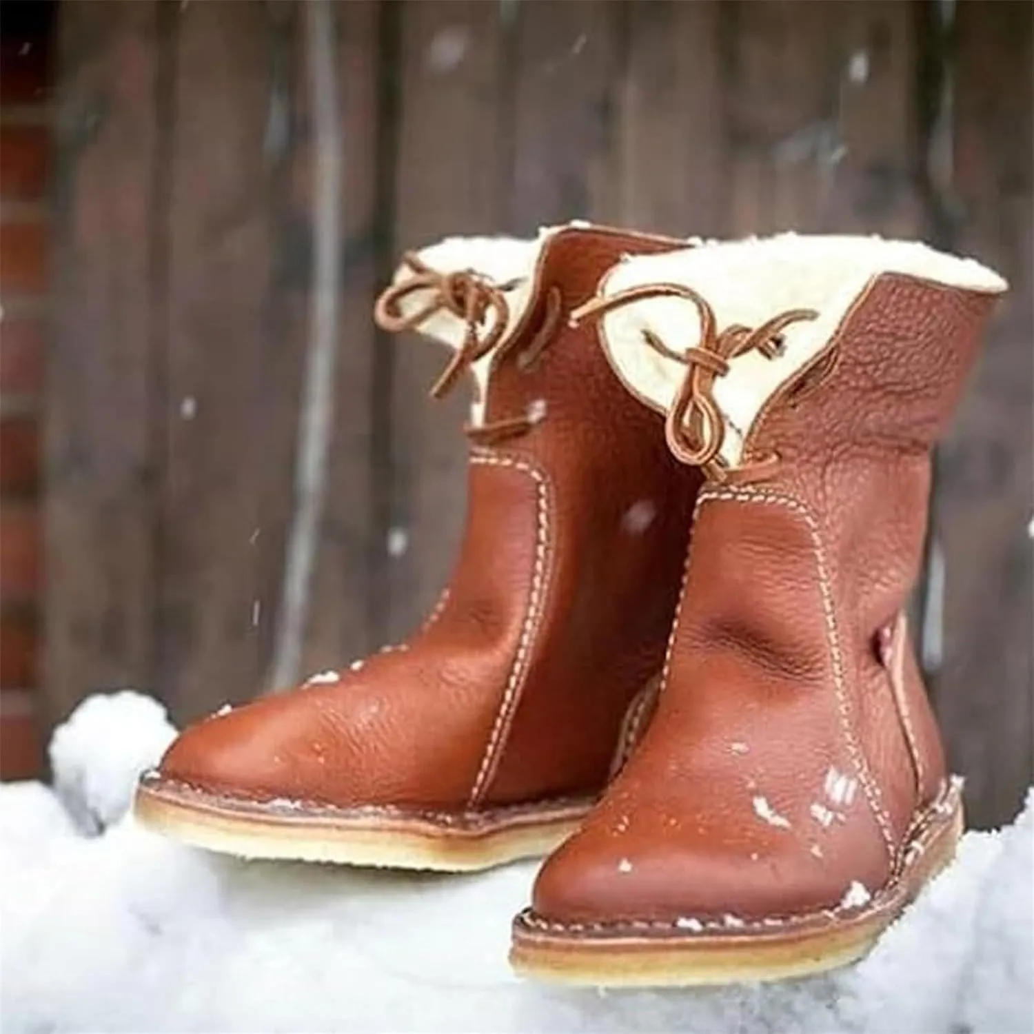 Women Waterproof Wool Lined Boots Vintage Buttery-Soft Wool Lined Boots PU Leather Snow Ankle Boots for Men