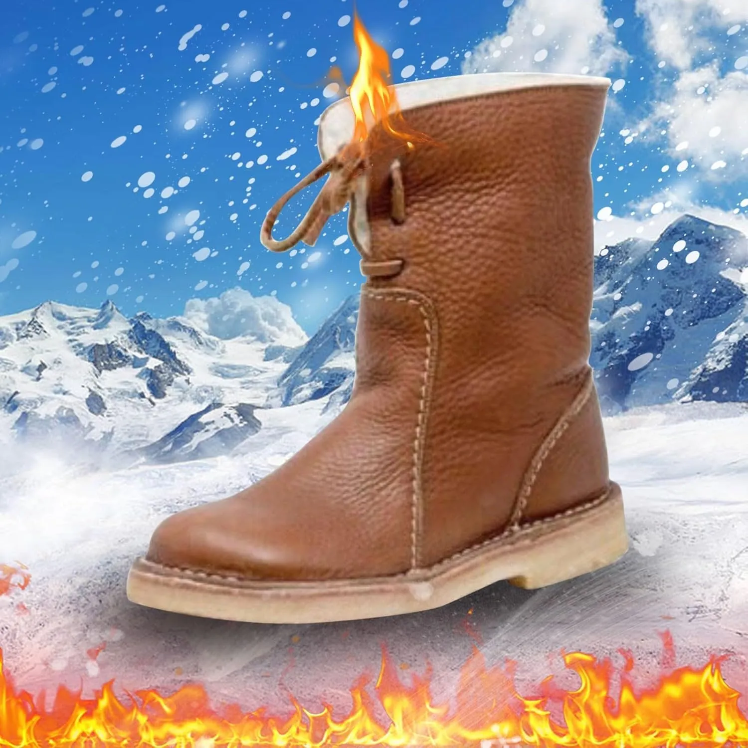 Women Waterproof Wool Lined Boots Vintage Buttery-Soft Wool Lined Boots PU Leather Snow Ankle Boots for Men