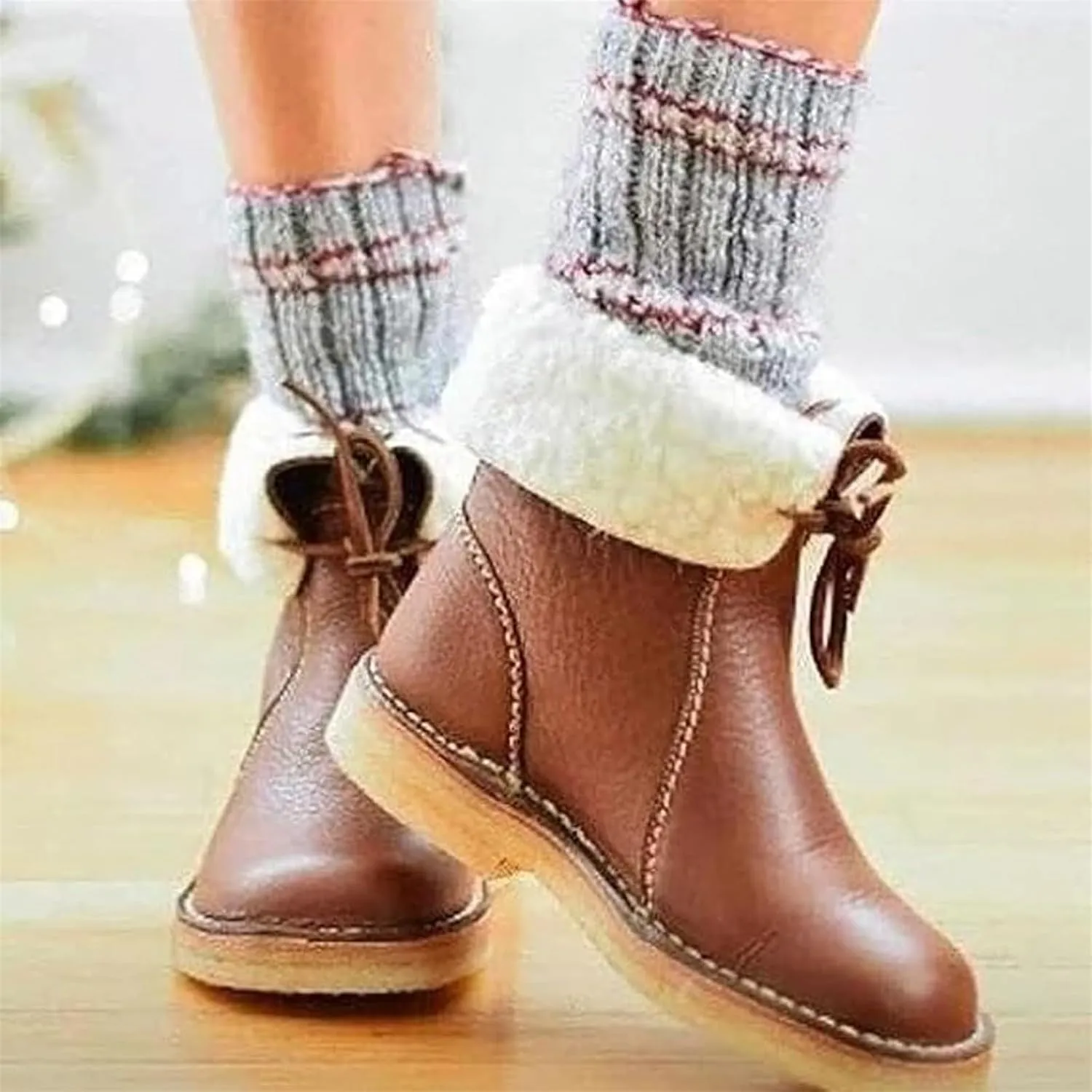 Women Waterproof Wool Lined Boots Vintage Buttery-Soft Wool Lined Boots PU Leather Snow Ankle Boots for Men
