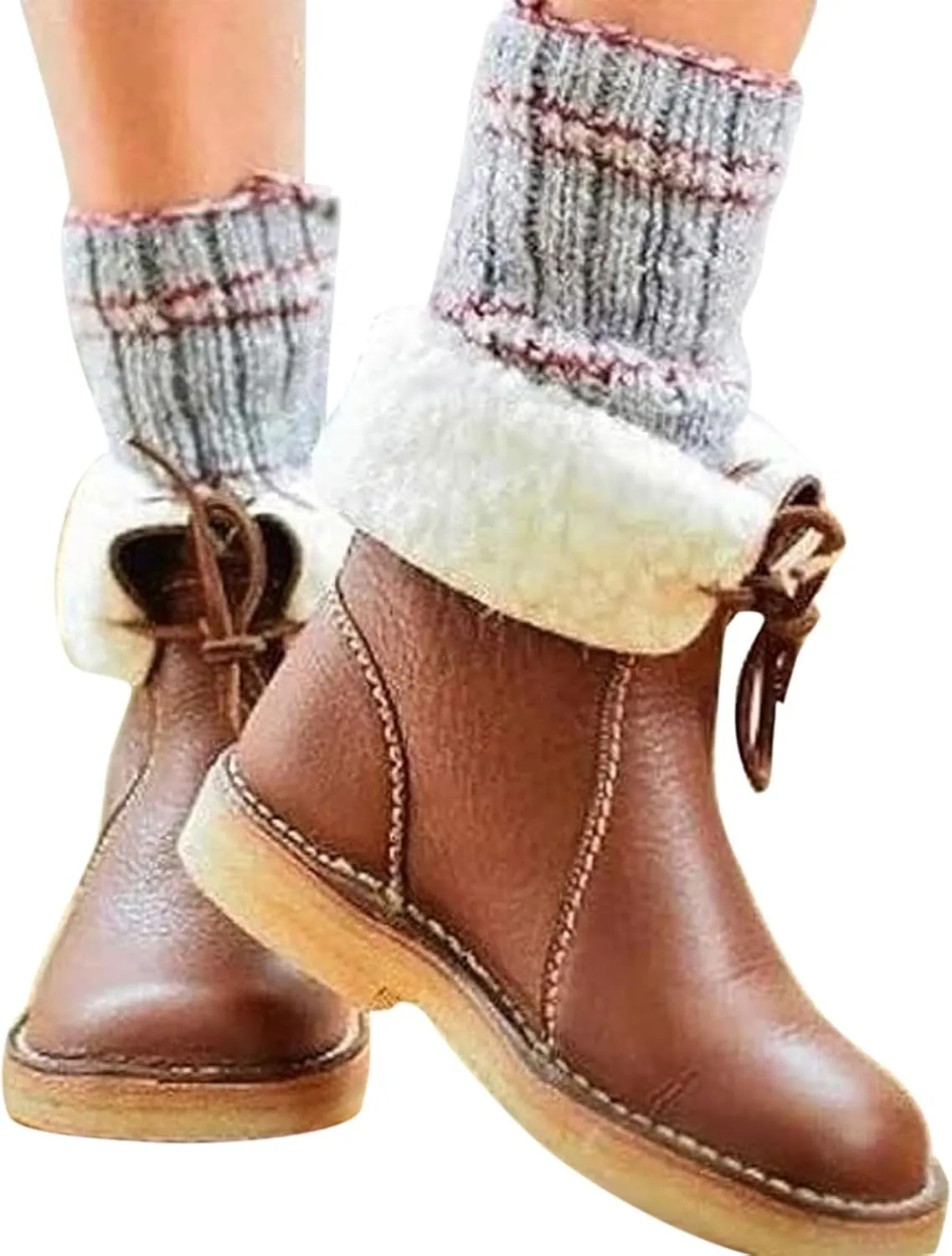 Women Waterproof Wool Lined Boots Vintage Buttery-Soft Wool Lined Boots PU Leather Snow Ankle Boots for Men