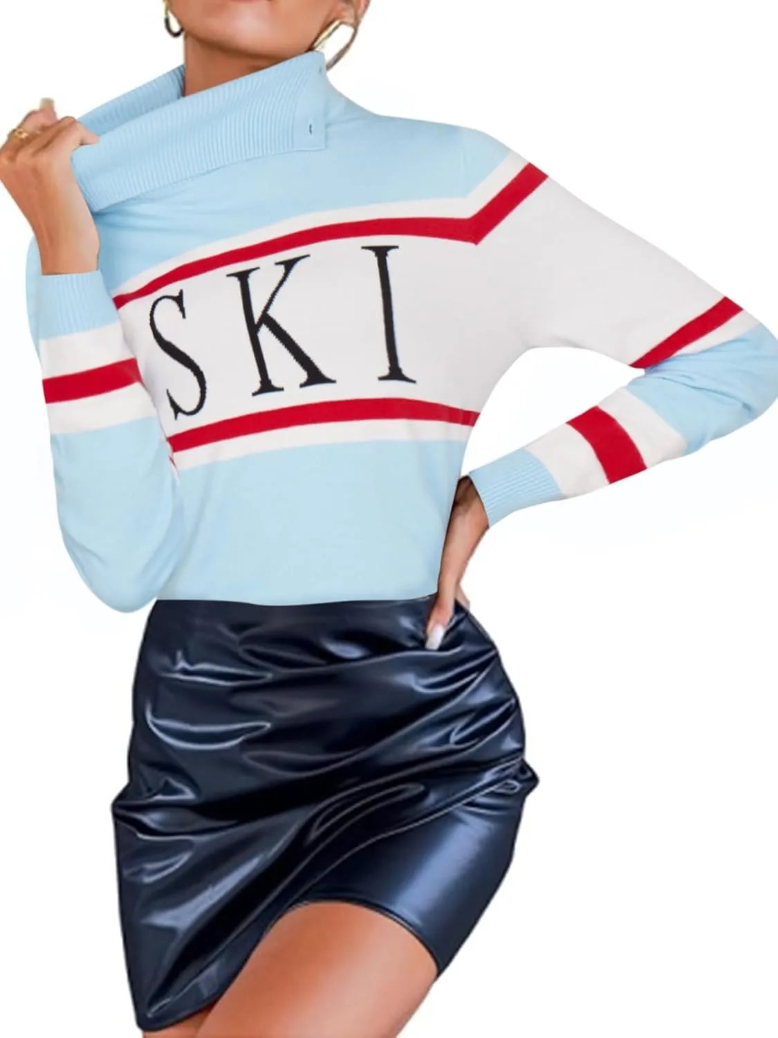 Women's 2025 Spring Turtleneck Sweater Colorblock Pullover Tight Knit Ski Sweaters Thermal Shirts Winter Tops