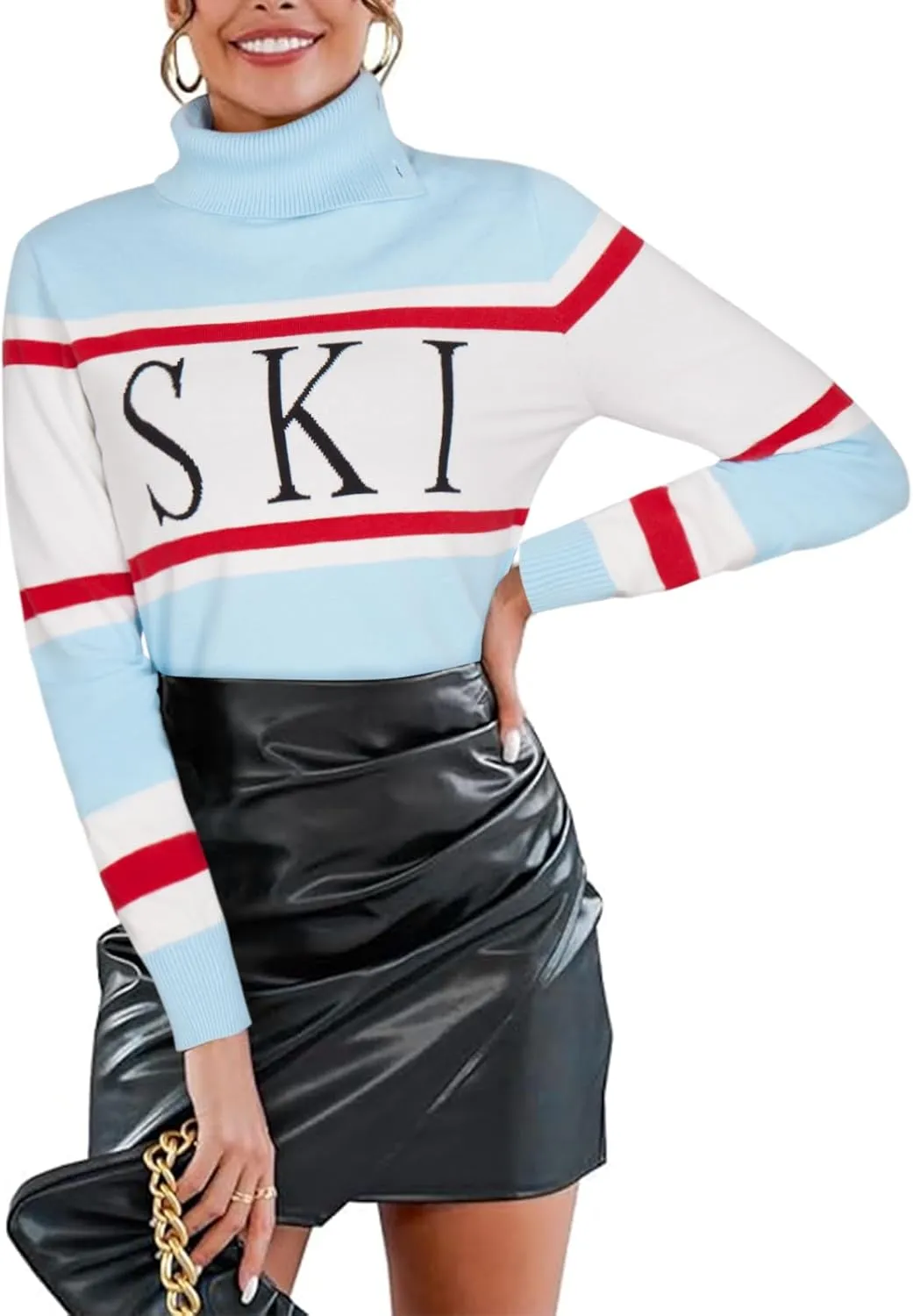 Women's 2025 Spring Turtleneck Sweater Colorblock Pullover Tight Knit Ski Sweaters Thermal Shirts Winter Tops