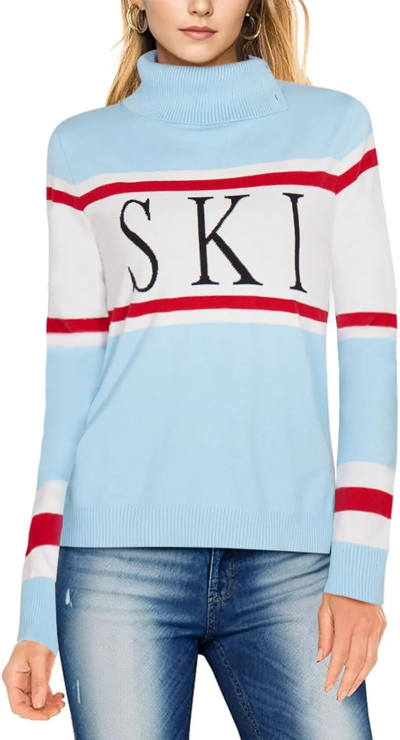 Women's 2025 Spring Turtleneck Sweater Colorblock Pullover Tight Knit Ski Sweaters Thermal Shirts Winter Tops