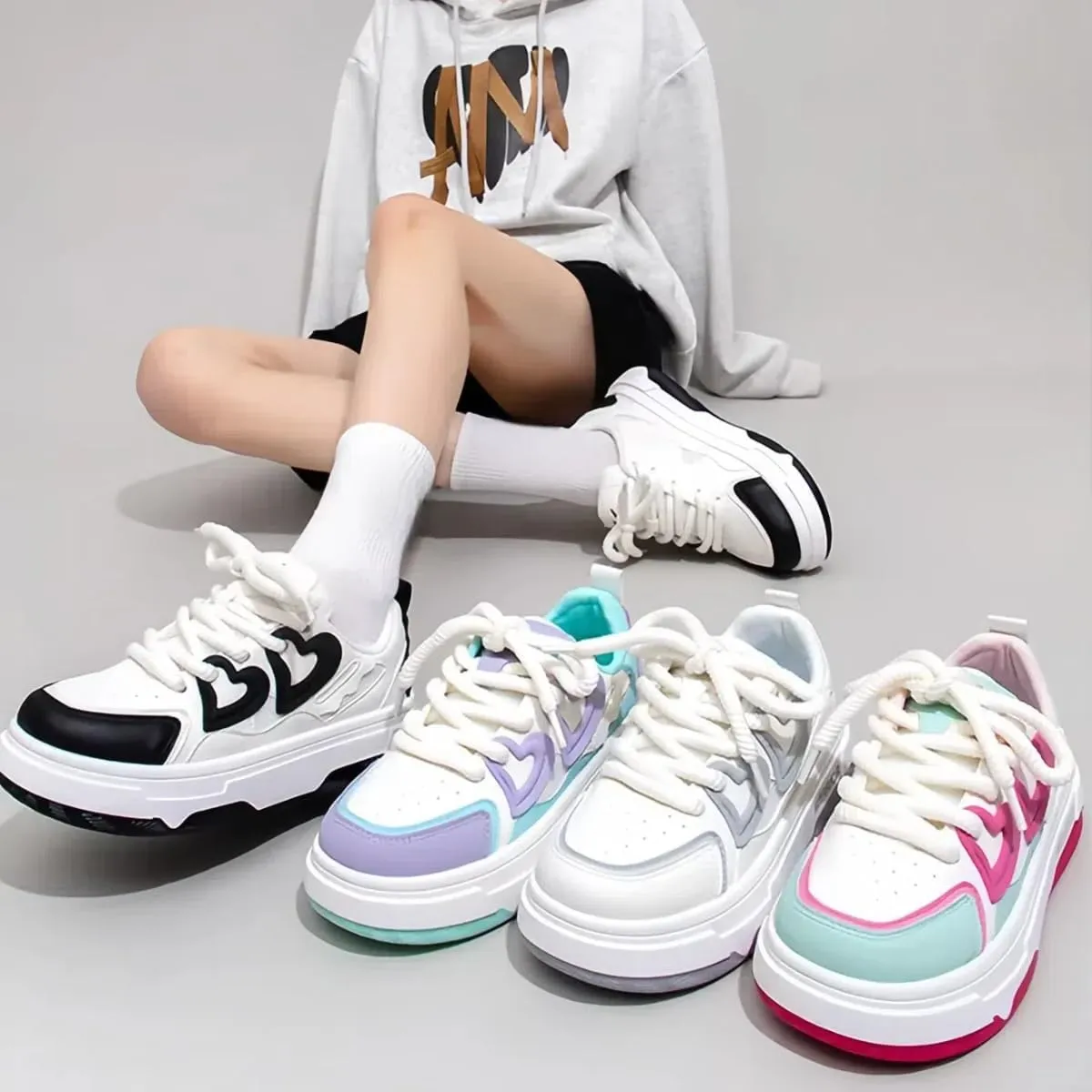 Women's 3D Heart Chunky Sneakers, Platform Casual Trainers, Cute Y2K Versatile Streetwear Everyday Wear Height Boost