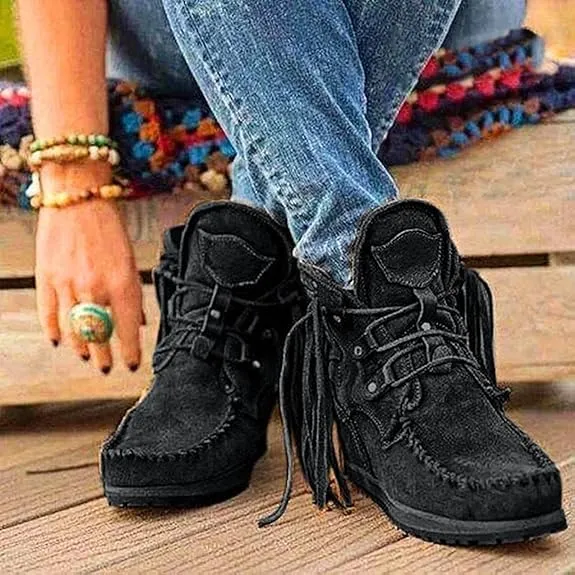 Women's Ankle Boots Low Heel Short Boots Retro Boho Suede Tassel Fringe Boots Lace Up Round Toe Flat Walking Booties - Blue, US Size 8.5 (Asian Size 40)