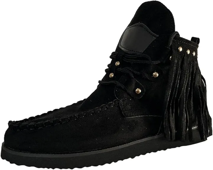 Women's Ankle Boots Low Heel Short Boots Retro Boho Suede Tassel Fringe Boots Lace Up Round Toe Flat Walking Booties - Blue, US Size 8.5 (Asian Size 40)
