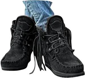 Women's Ankle Boots Low Heel Short Boots Retro Boho Suede Tassel Fringe Boots Lace Up Round Toe Flat Walking Booties - Blue, US Size 8.5 (Asian Size 40)
