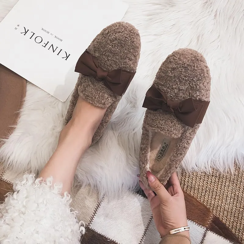 Women's Ballet Flats with Bow Warm Faux Fur Mary Janes Cute Winter Flats Slip On Loafers Shoes for Women Fuzzy Loafers