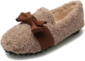 Women's Ballet Flats with Bow Warm Faux Fur Mary Janes Cute Winter Flats Slip On Loafers Shoes for Women Fuzzy Loafers