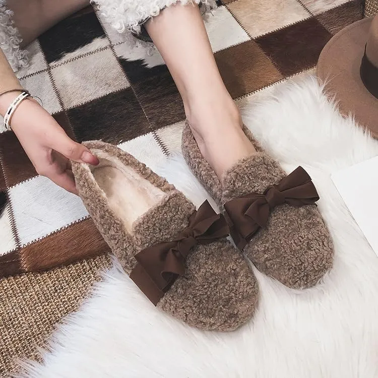 Women's Ballet Flats with Bow Warm Faux Fur Mary Janes Cute Winter Flats Slip On Loafers Shoes for Women Fuzzy Loafers
