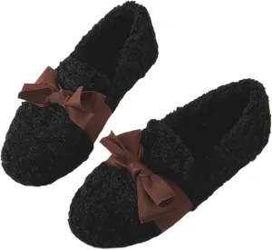 Women's Ballet Flats with Bow Warm Faux Fur Mary Janes Cute Winter Flats Slip On Loafers Shoes for Women Fuzzy Loafers