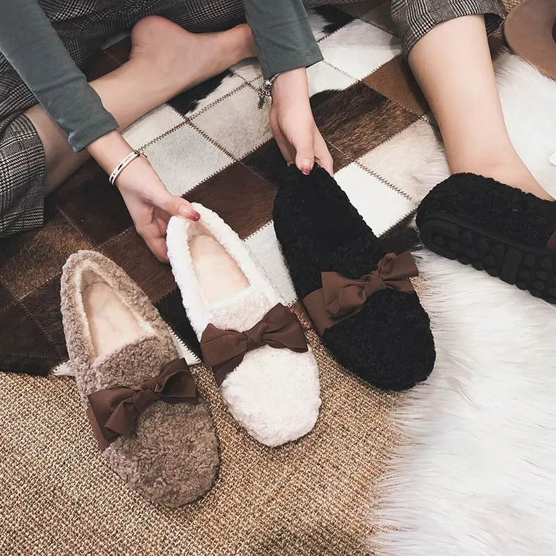Women's Ballet Flats with Bow Warm Faux Fur Mary Janes Cute Winter Flats Slip On Loafers Shoes for Women Fuzzy Loafers