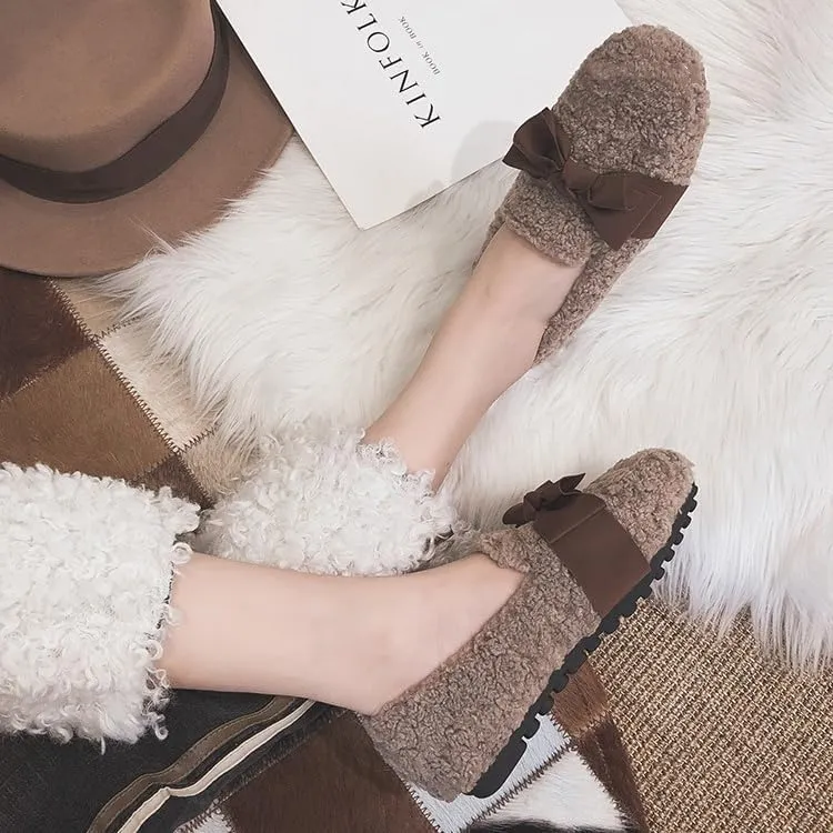 Women's Ballet Flats with Bow Warm Faux Fur Mary Janes Cute Winter Flats Slip On Loafers Shoes for Women Fuzzy Loafers
