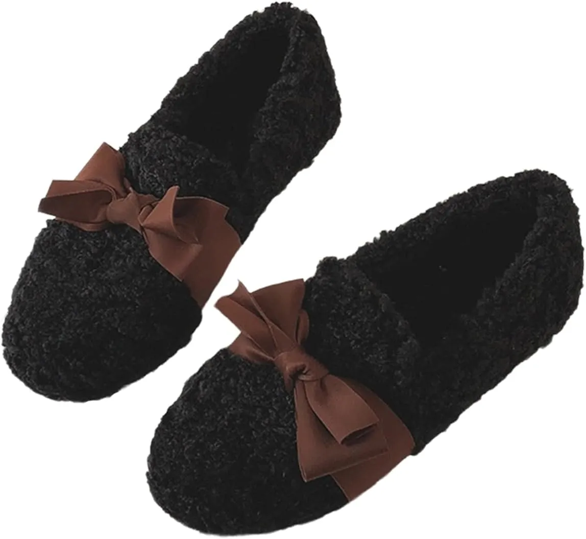Women's Ballet Flats with Bow Warm Faux Fur Mary Janes Cute Winter Flats Slip On Loafers Shoes for Women Fuzzy Loafers