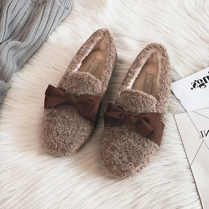 Women's Ballet Flats with Bow Warm Faux Fur Mary Janes Cute Winter Flats Slip On Loafers Shoes for Women Fuzzy Loafers
