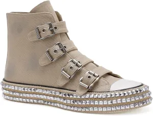 Womens Buckle High-Top Canvas Sneakers Studded Rhinestone Side Shoes Buckle Fashion Shoes Casual Platform Boots
