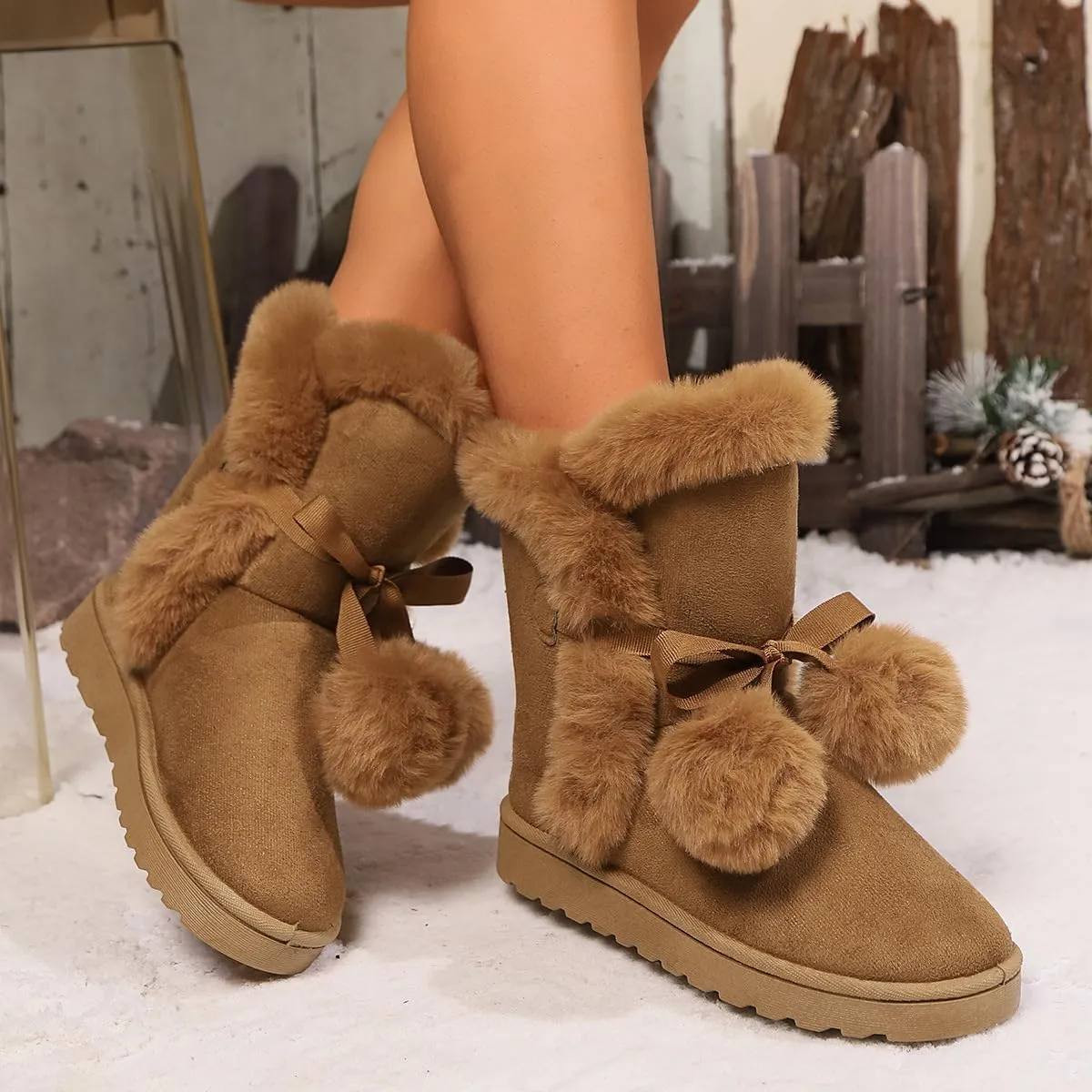 Women's Cute Pompon Lace Up Fur Winter Snow Boots Sweetheart Princess Fluffy Boots