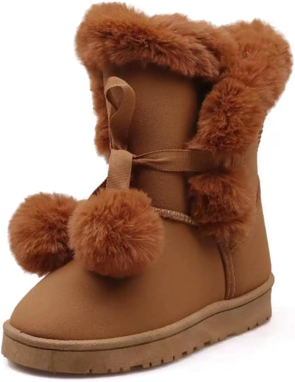 Women's Cute Pompon Lace Up Fur Winter Snow Boots Sweetheart Princess Fluffy Boots