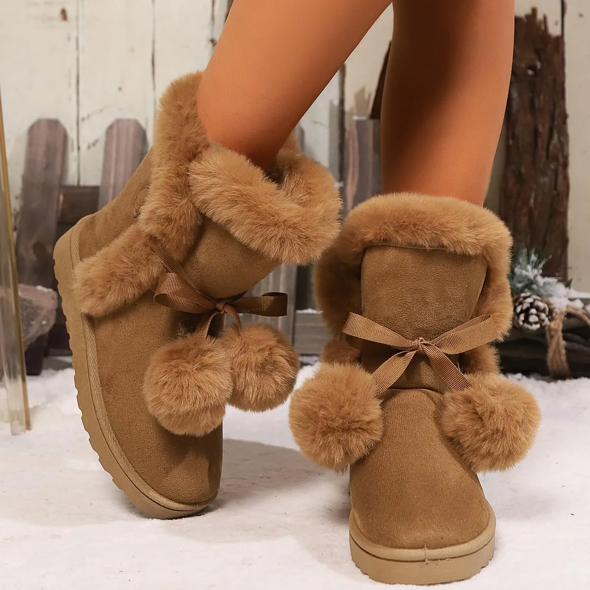 Women's Cute Pompon Lace Up Fur Winter Snow Boots Sweetheart Princess Fluffy Boots