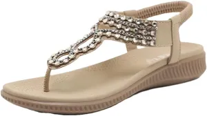 Women's Elastic Comfortable Flat Sandals Summer Bohemian Beaded Dress Shoes