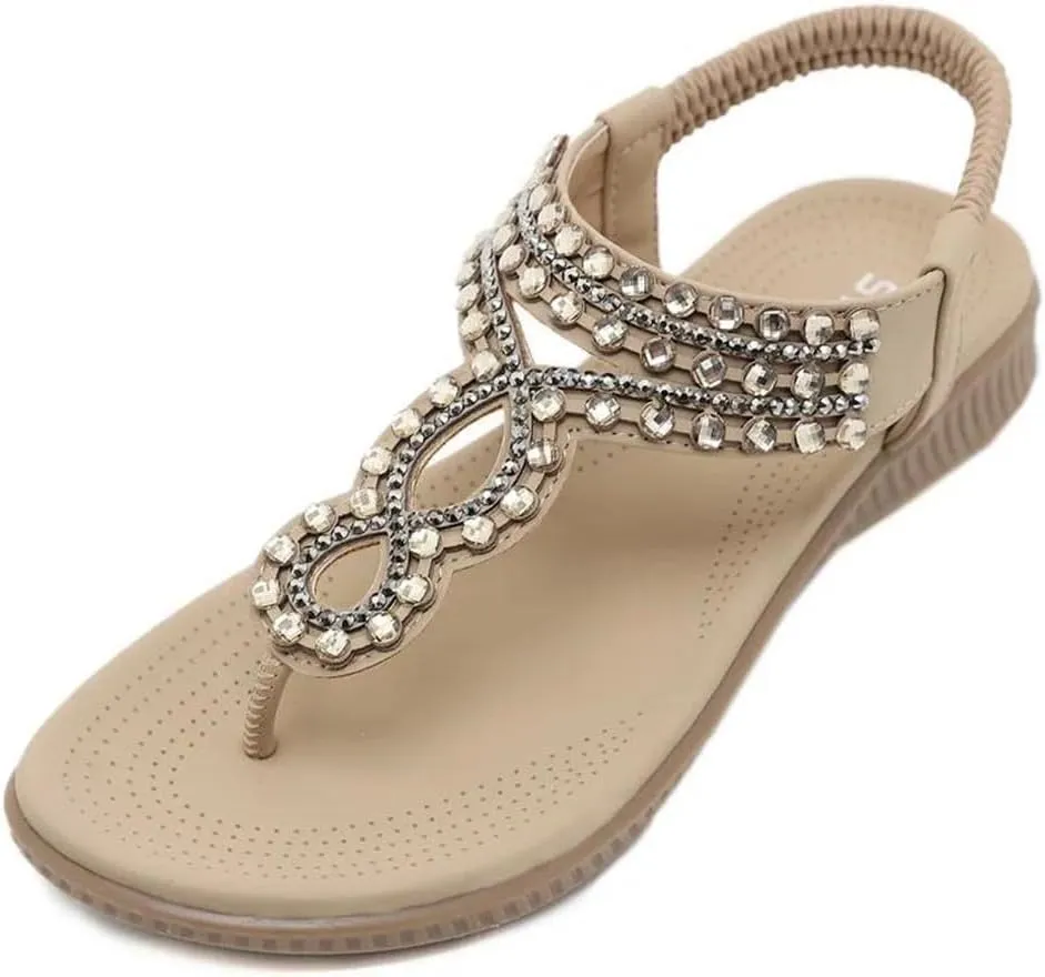 Women's Elastic Comfortable Flat Sandals Summer Bohemian Beaded Dress Shoes