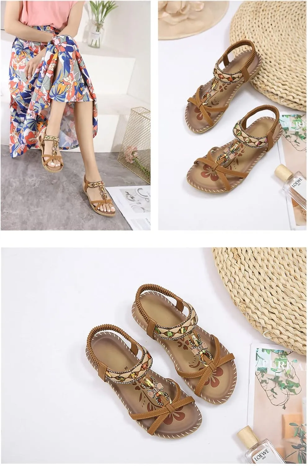 Women's Fashion Braided Flat Sandals Summer Beach Vintage Walking Flats Walking Shoes with Slingback and Soft Sole