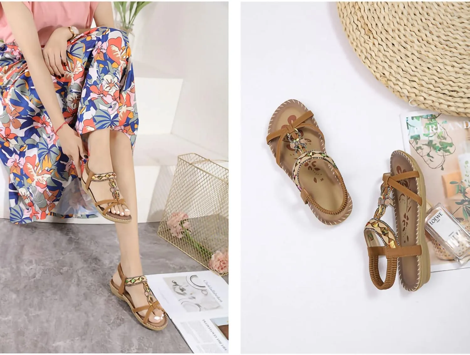 Women's Fashion Braided Flat Sandals Summer Beach Vintage Walking Flats Walking Shoes with Slingback and Soft Sole