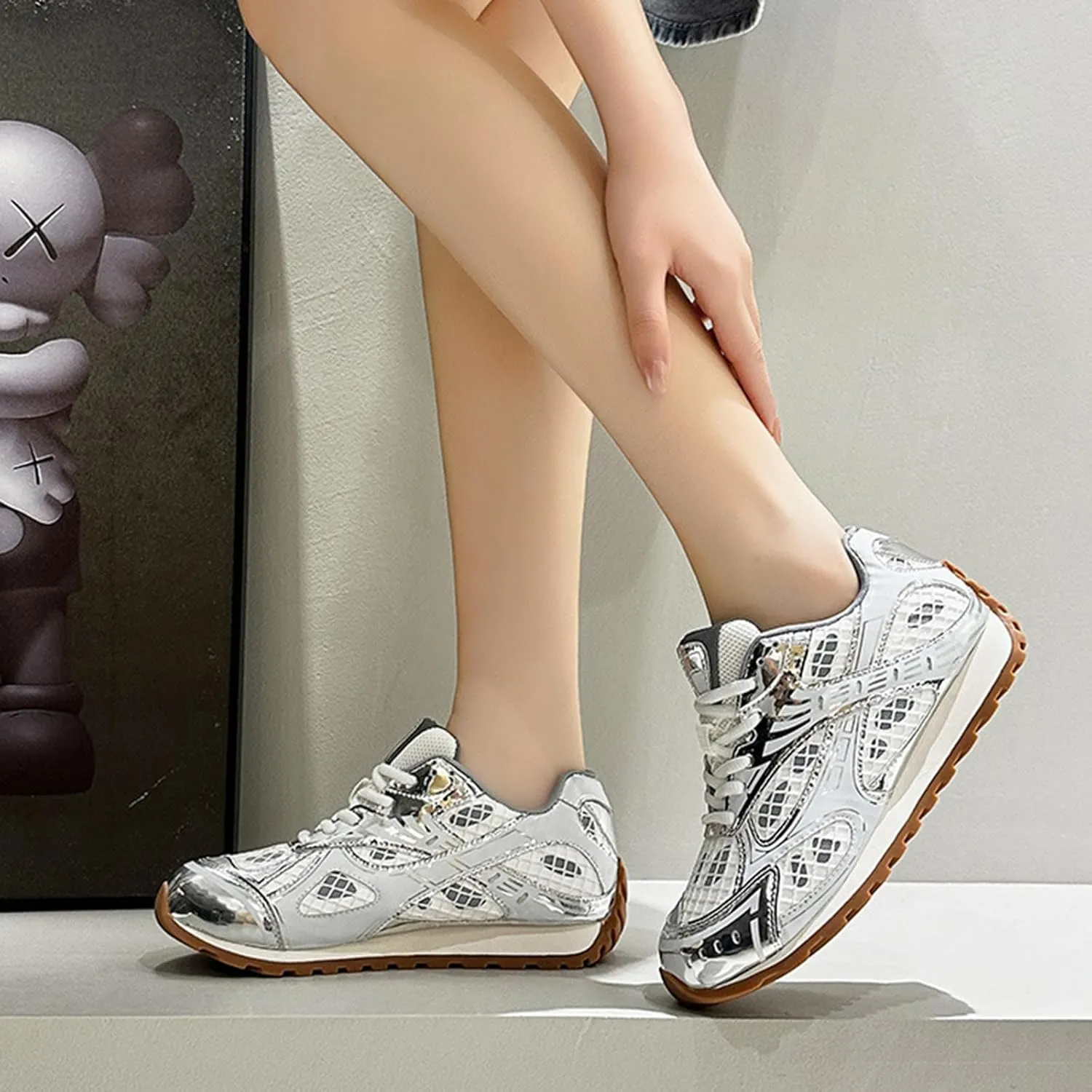 Women's Fashion Platform Oxford Trainers - Casual Lace-Up Lightweight Autumn Sneakers with Color Matching Trend, Slimming, and Versatile Flats Shoes,Silver-39