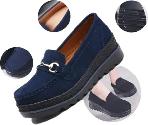 Women's Fashion Thick Sole Suede Orthopedic Loafers,Slip-On Wedge Comfortable Thick Soft Business Casual Shoes,Womens Round Toe Flats Walking Shoe