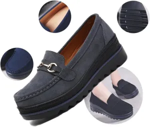 Women's Fashion Thick Sole Suede Orthopedic Loafers,Slip-On Wedge Comfortable Thick Soft Business Casual Shoes,Womens Round Toe Flats Walking Shoe