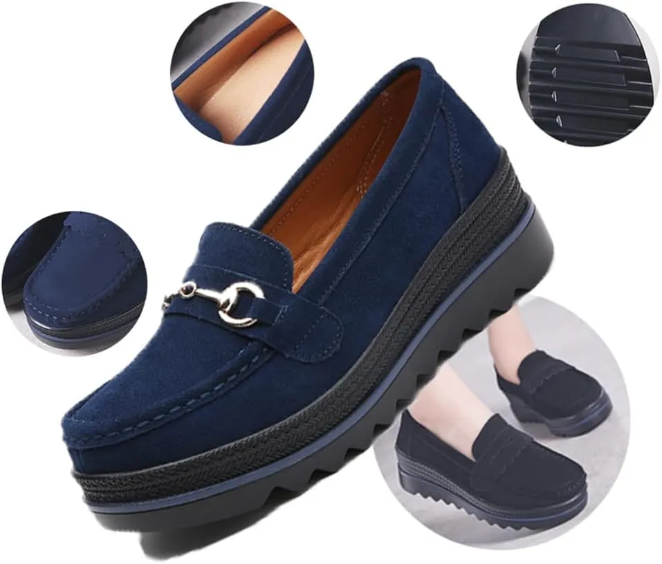 Women's Fashion Thick Sole Suede Orthopedic Loafers,Slip-On Wedge Comfortable Thick Soft Business Casual Shoes,Womens Round Toe Flats Walking Shoe