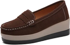 Women's Fashionable Thick Sole Suede Wedge Loafers Comfortable Anti Slip Platform Arch Support Casual Walking Shoes