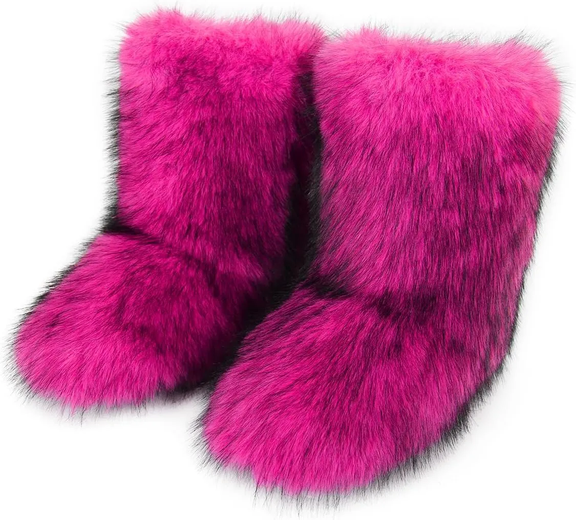 Women's Faux Fur Boots Furry Fluffy Round Toe Mid Calf Snow Boots Warm Fur Lined Flat Shoe Fashion Boots